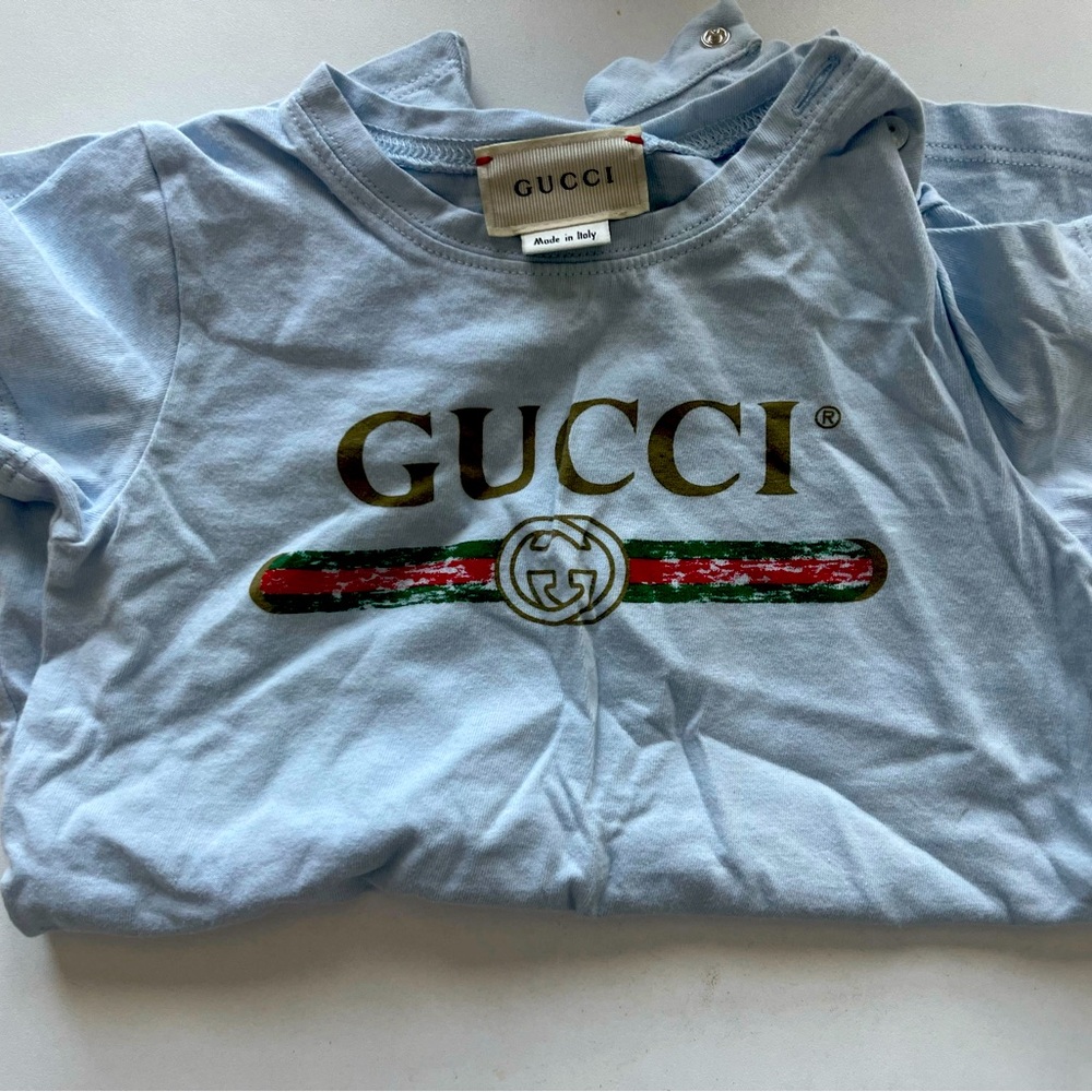 Gucci 12 month baby blue short sleeve romper